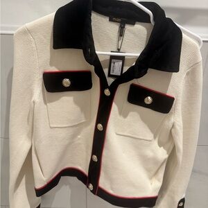 Maje Cream Knit Jacket with Black Trim and Red Piping